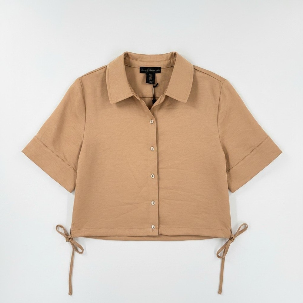 NWT‎ House of Harlow 1960 Cropped Button Up Blouse Drawstring Hem Short Sleeve S